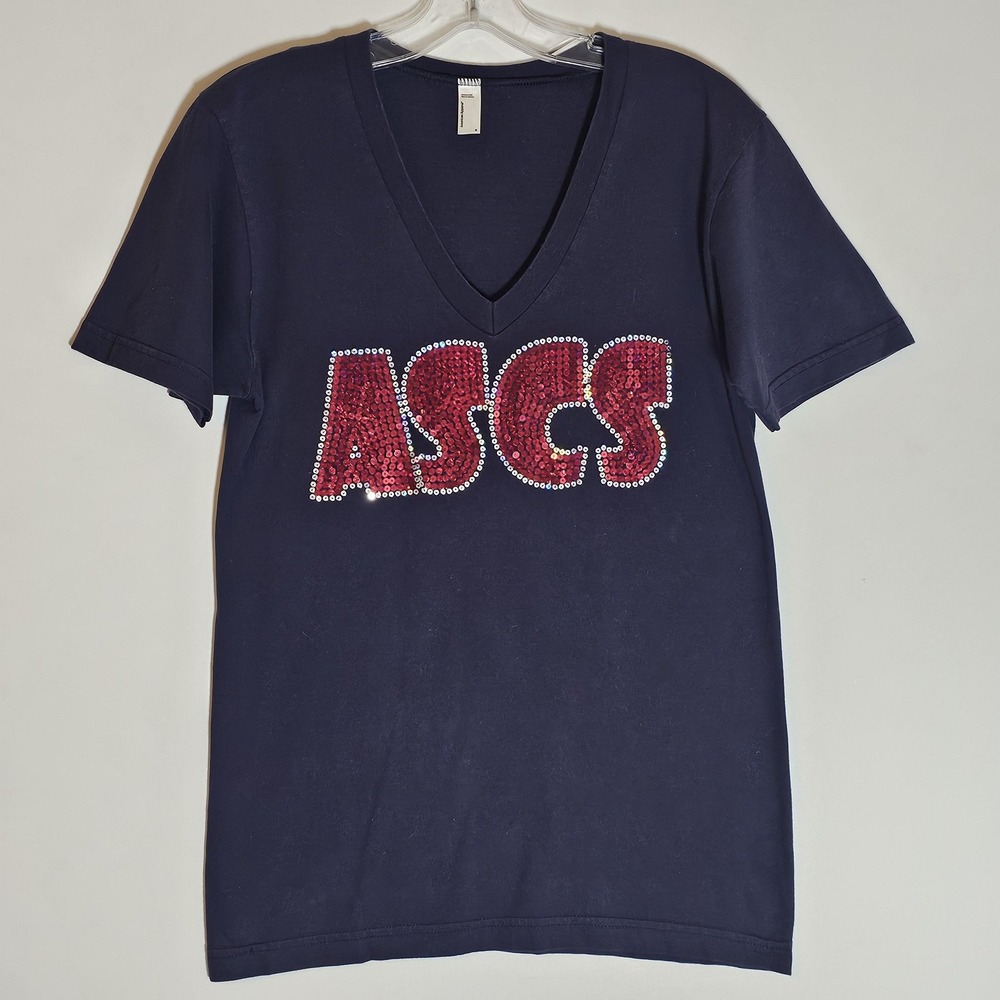 ASCS Tee Shirt Womens Small Navy American Apparel V Neck Sequin Sparkle Graphic